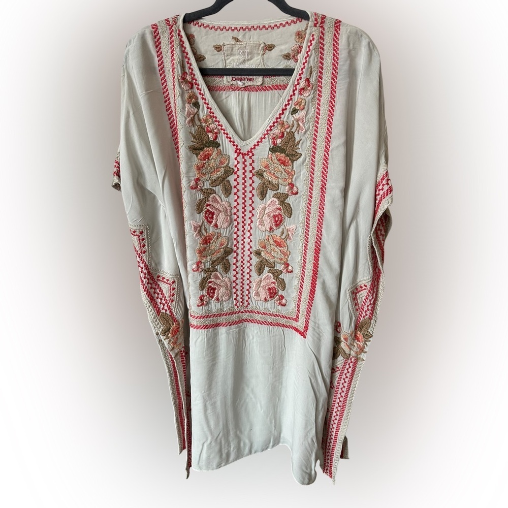 Johnny Was Cream and Red Embroidered Tunic oversized S